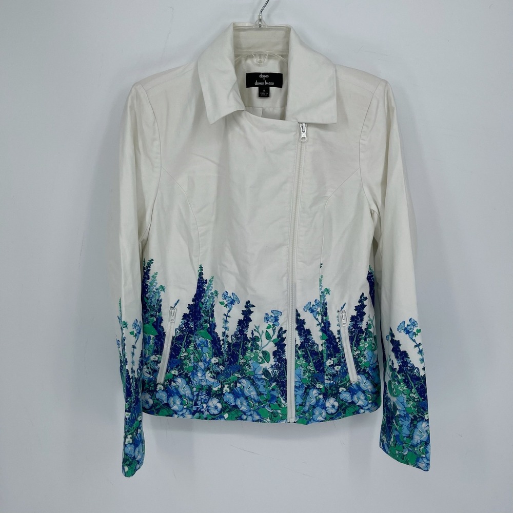 Dennis Basso Women's White Blue‎ Floral Print Full Zip Spring Moto Jacket Size 8